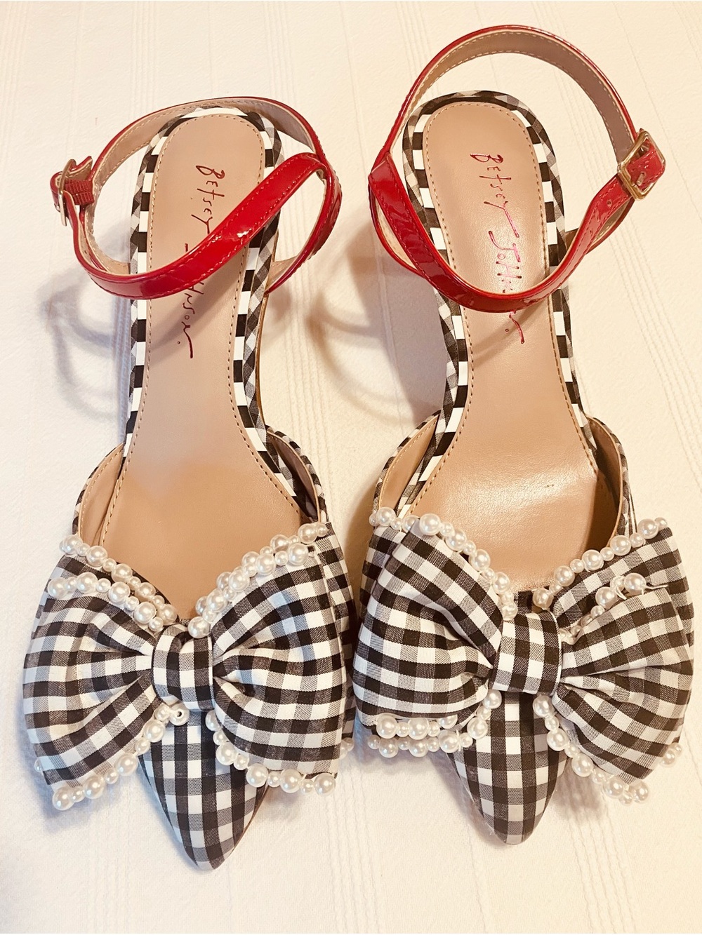 Betsey Johnson Gingham Bow Heels with Red Ankle Strap & Pearl Trim - 7.5M